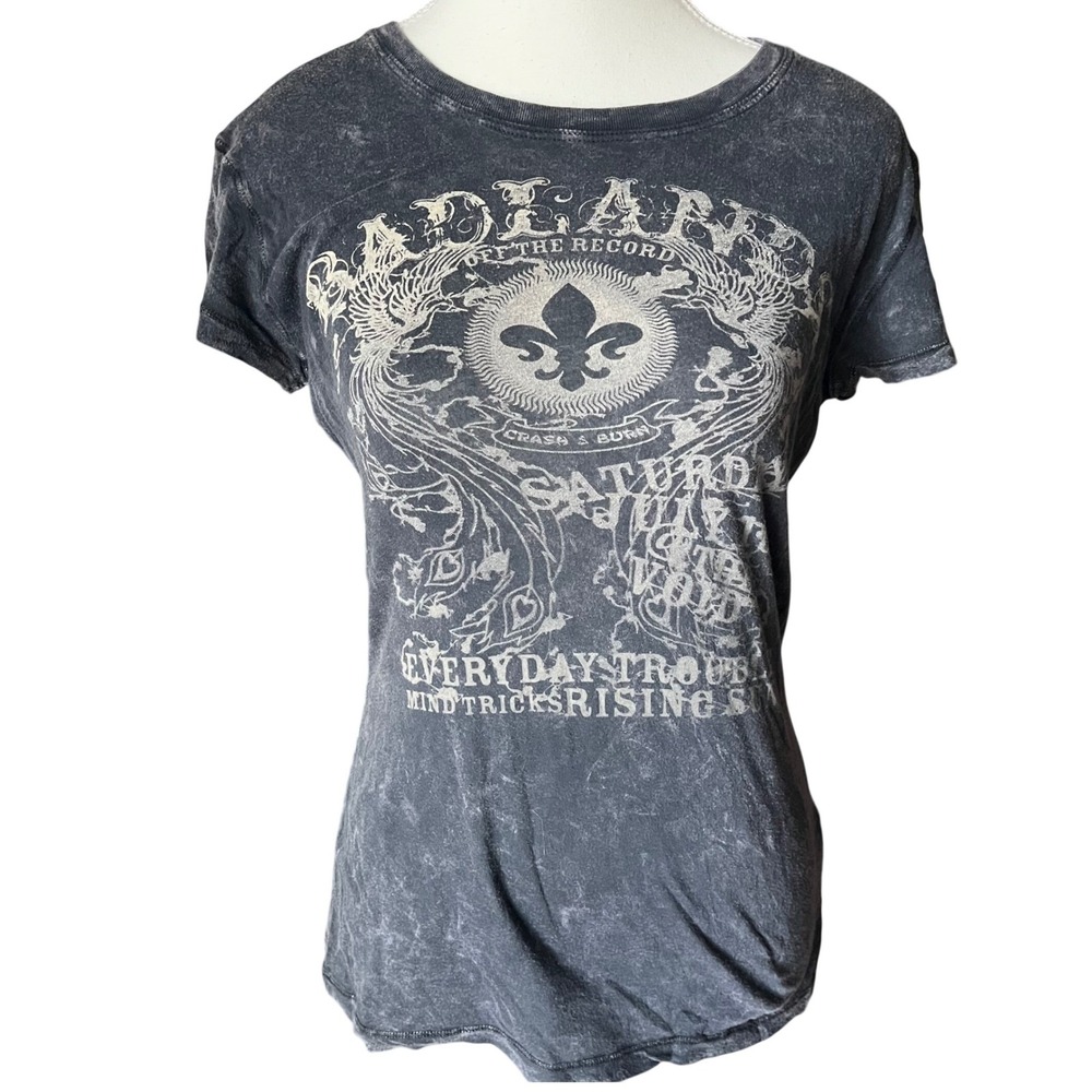 Crash & Burn Y2K Womens Acid Wash Graphic Tee Fleur De Lis Supima Cotton Black M